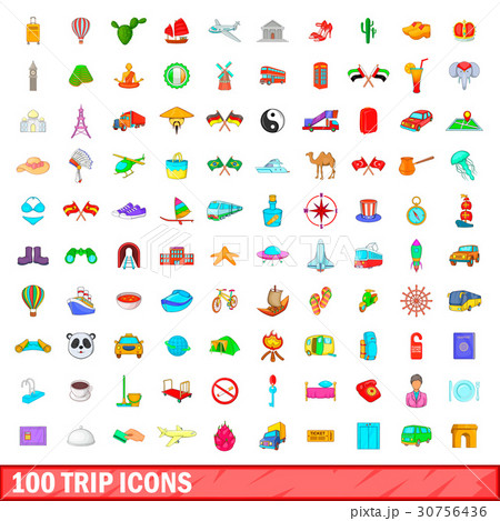100 trip icons set, cartoon style 30756436
