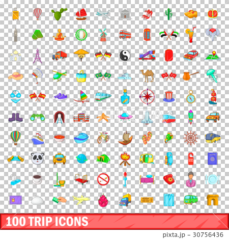 100 trip icons set, cartoon style 30756436