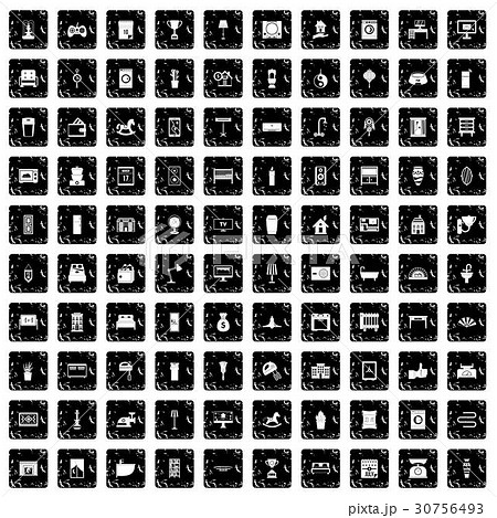 100 interior icons set, grunge style 30756493