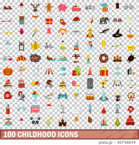 100 childhood icons set, flat style 30756634