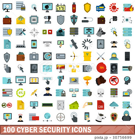 100 cyber security icons set, flat style 30756699