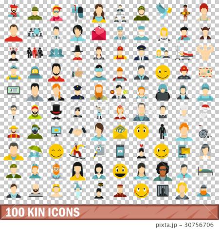 100 kin icons set, flat style 30756706