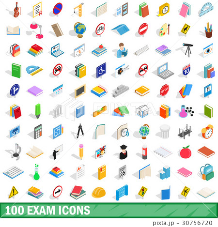 100 exam icons set, isometric 3d style 30756720