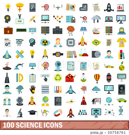100 science icons set, flat style 30756761