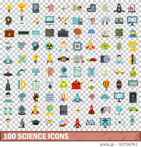 100 science icons set, flat style 30756761