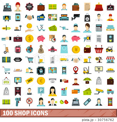 100 shop icons set, flat style 30756762