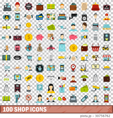 100 shop icons set, flat style 30756762