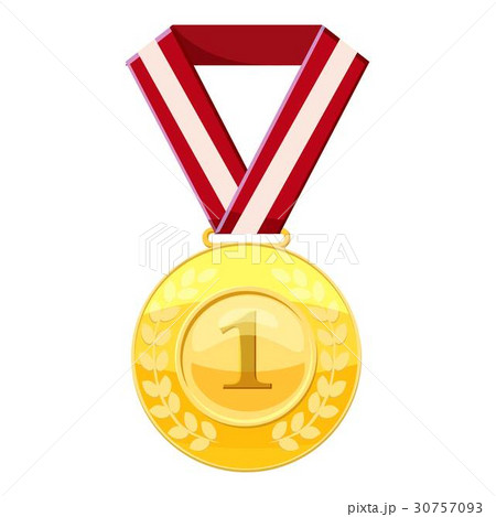 Gold first place medal on a red ribbon icon 30757093