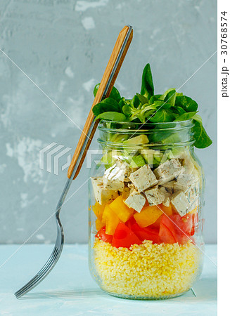 Vegan salad with couscous, tofu and vegetables 30768574