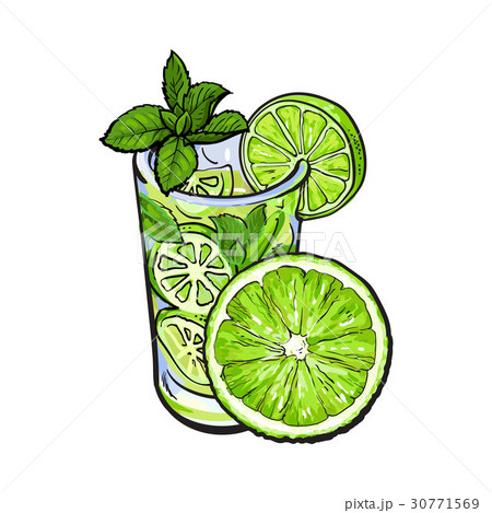 Half Lime And Glass Of Juice Mojito Cocktailのイラスト素材