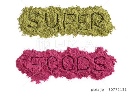 Superfoods word with powders isolated on white Superfoods word with powders isolated on white 30772131