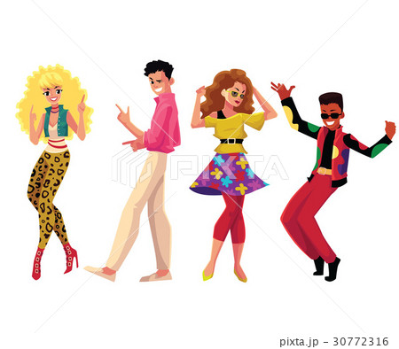 People in 1980s style clothes dancing at retro 30772316