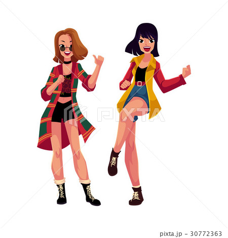 Two girls, women, friends dancing at 90s retro 30772363