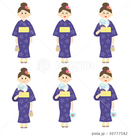浴衣の女性のイラストセットのイラスト素材