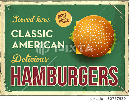 Grunge retro metal sign with hamburger. Classic 30777929