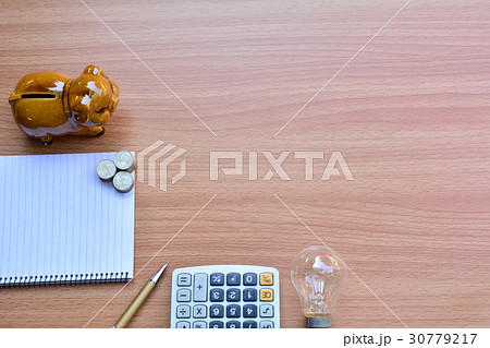 Blank memory book with pen and piggy bank 30779217