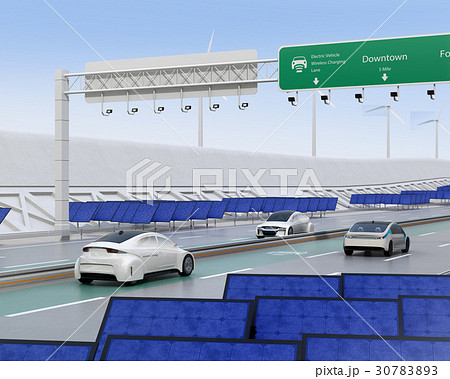 高速道路非接触充電優先レーンに走行している電気自動車。道路側に太陽光、風力発電設備が設置されている 高速道路非接触充電優先レーンに走行している電気自動車。道路側に太陽光、風力発電設備が設置されている 30783893