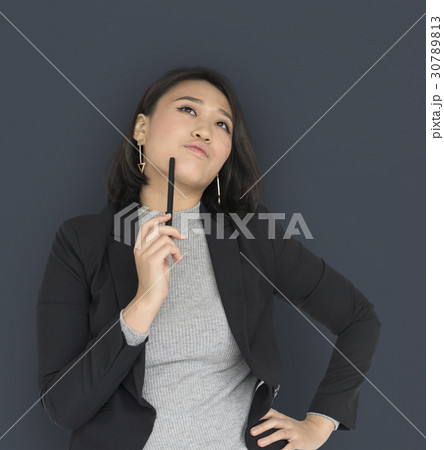 Young Asian Business Woman Thinking Pen Young Asian Business Woman Thinking Pen 30789813