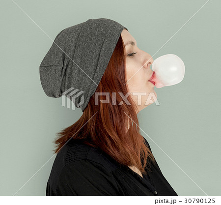 Woman Blowing Bubble Gum Playful Happiness Woman Blowing Bubble Gum Playful Happiness 30790125