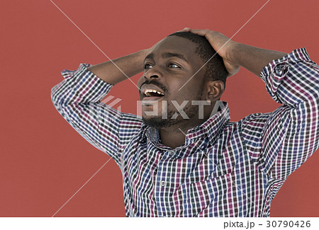 African Descent Man Fret Hand Gesture 30790426