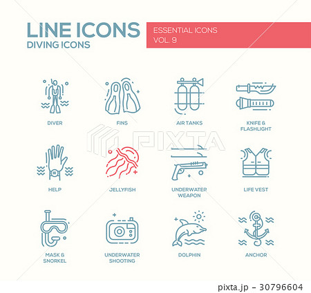Scuba Diving line design icons set 30796604
