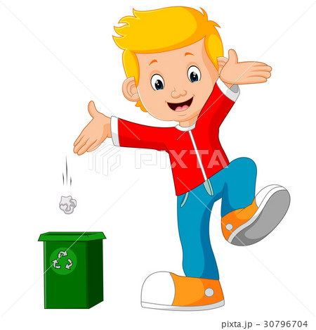 Boy character throws garbage in trash 30796704