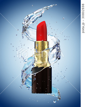 Red lipstick in water splash on blue background Red lipstick in water splash on blue background 30802698