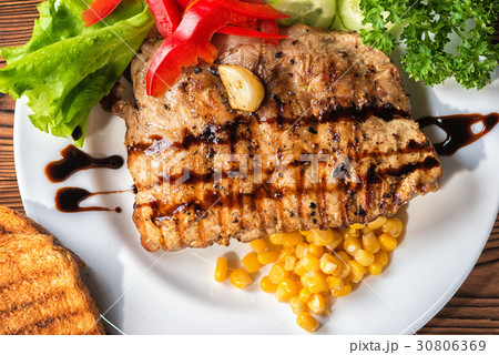 top view of meat, vegetables and bread top view of meat, vegetables and bread 30806369