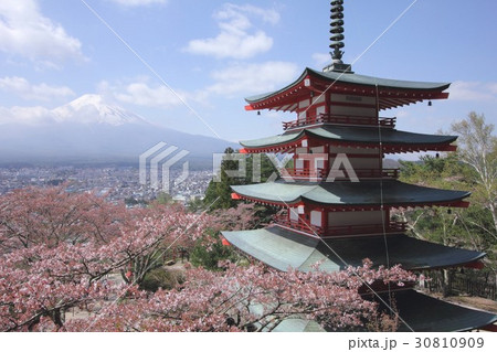桜咲く富士吉田市の新倉山浅間公園に建つ五重の塔、忠霊塔と富士山の眺望 30810909