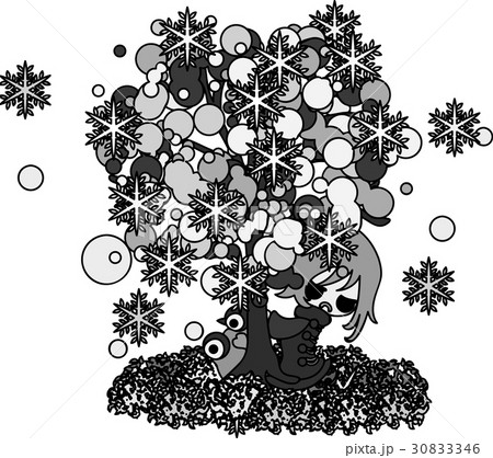 冬と女の子の可愛いイラスト 冬の木 のイラスト素材