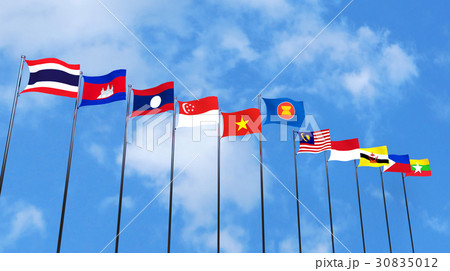 3D rendering of asean country's flags on sky 30835012