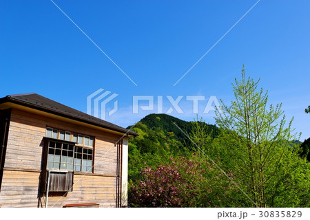 芽吹く新緑 古い校舎と山と青空　c 30835829