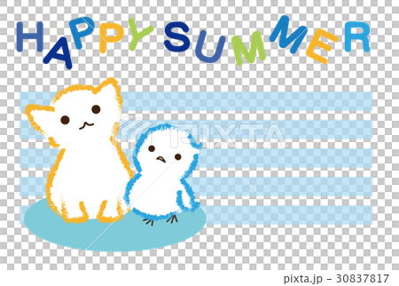 暑中見舞い 猫 鳥 キャラクター のイラスト素材