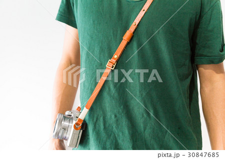 man with leather camera strap mirrorless camera man with leather camera strap mirrorless camera 30847685