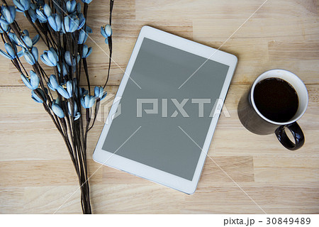 Digital Tablet Coffee Cup Flower Wooden Table Copy Space 30849489