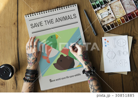 Tattooed woman with save the animals banner Tattooed woman with save the animals banner 30851885