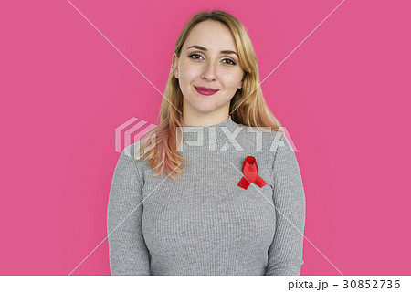Casual Woman Red Cross Ribbon Cheerful Concept 30852736