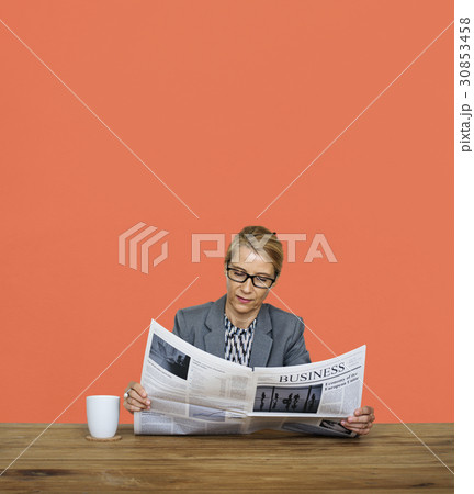 Businesswoman Reading Newspaper Information Coffee Cup Businesswoman Reading Newspaper Information Coffee Cup 30853458