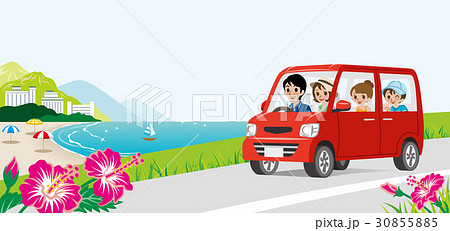海沿いの道をドライブする車 家族のイラスト素材