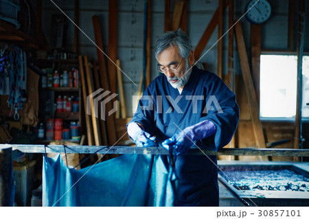 藍染 手捺染 染色 乾燥 藍染 手捺染 染色 乾燥 30857101