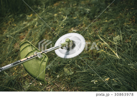 Gasoline trimmer head on green grass.  30863978