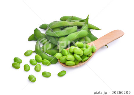 edamame beans in wooden spoon isolated on white 30866209