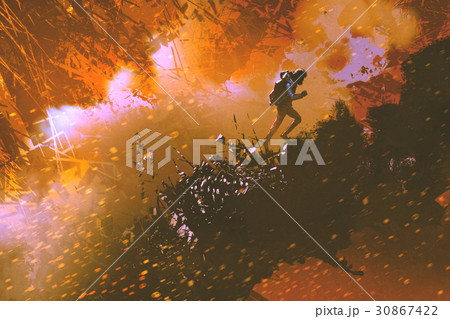 the hiker walking in the mountain the hiker walking in the mountain 30867422