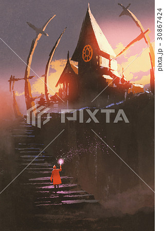 red girl climbing on stairs to the witch castle red girl climbing on stairs to the witch castle 30867424