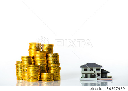 家の模型とたくさんの金貨,白背景 30867929