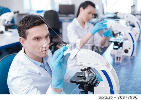 Competent brunette looking at piece of glass Competent brunette looking at piece of glass 30877906