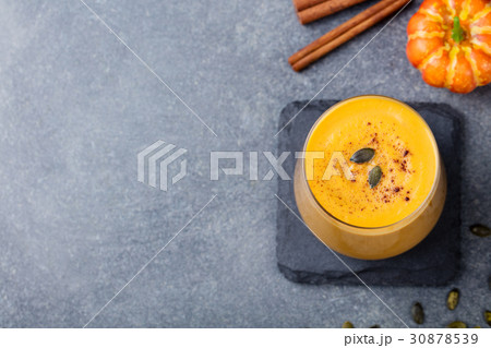 Pumpkin smoothie Top view. Copy space. 30878539