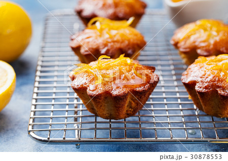 Lemon muffins cakes, financiers on a cooling rack. Lemon muffins cakes, financiers on a cooling rack. 30878553