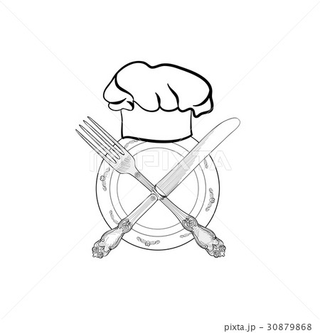 Cook hat, Fork, Knife. Catering label Cutlery sign 30879868