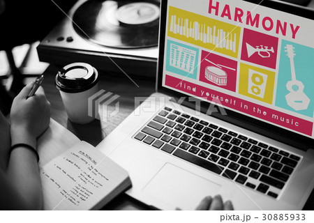Hands working on laptop network graphic overlay 30885933